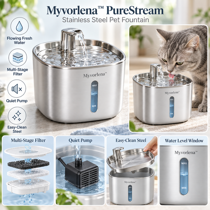 Myvorlena™ PureStream Stainless Steel Pet Fountain