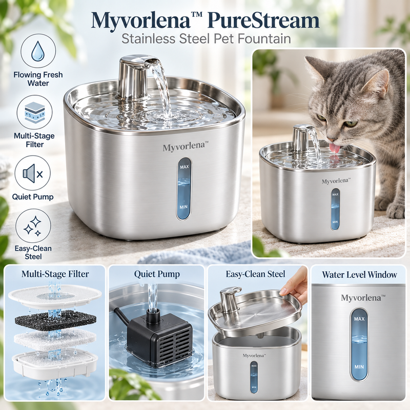Myvorlena™ PureStream Stainless Steel Pet Fountain